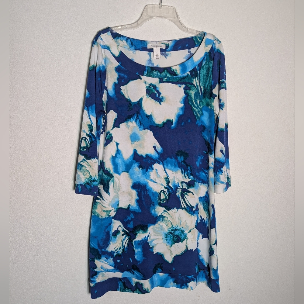White House Black Market Womens Dress Blue Floral Vibrant Watercolor Fairy Large